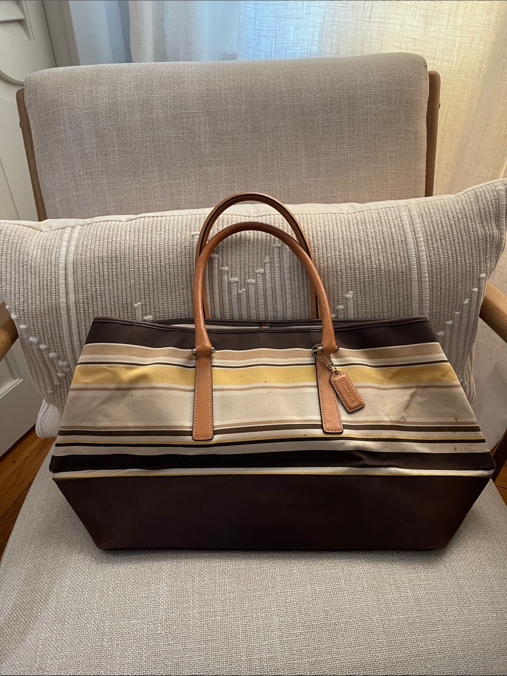 Coach Striped Canvas Duffel with Tan Leather Handles